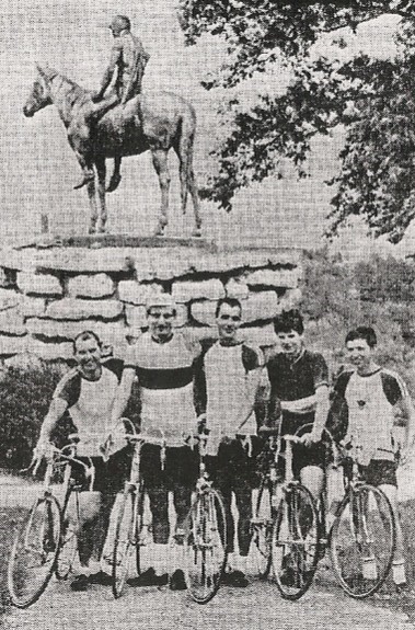 1968 Tour of Kansas City riders in Penn Valley Park. L to R: Howard Cummins, Manfred Preuss, Leon Lants, Mike Sinclair, Dennis Scott 1968 Tour of Kansas City riders in Penn Valley Park