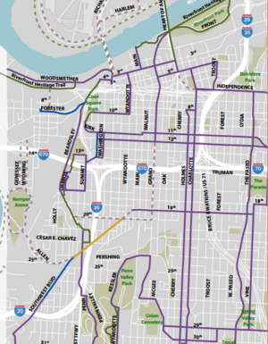 Bike KC routes planned in 1997, implemented in 2013. A modern citywide bicycle plan is far more comprehensive and includes clear timeline and budget goals, addressing the type of implementation bottleneck that have plagued KCMO's previous efforts Bike KC routes planned in 1997, implemented in 2013