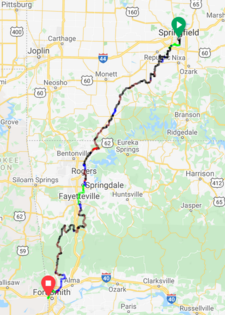 Overview of the unofficial, early draft Butterfield Stage bicycle route - 240 miles Springfield MO to Ft Smith AR