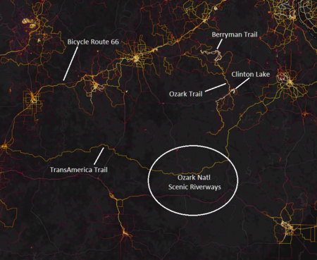 Strava heatmap of the ONSR/Ozark Trail region