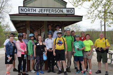 Annual Legislators Ride - from the Capitol to the Katy Trail and back. This photos shows many ride participants, including Rep. Jeff Justus, Rep. Karla May, Rep. Dan Stacy, and Ron Effland of MoDOT. Park Superintendent Sarah Jones and Corporal Sigman (far right) of Missouri State Parks rode sweep. The Legislators Ride is a partnership of MoBikeFed, MoDOT, and Missouri State Parks. Annual Legislators Ride - from the Capitol to the Katy Trail and back. The Legislators Ride is a partnership of MoBikeFed, MoDOT, and Missouri State Parks.