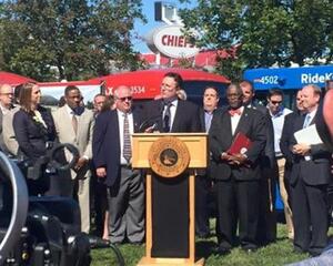 At Arrowhead Stadium near the terminus of the Rock Island corridor, Jackson County Executive Mike Sanders joins local and agency officials and partners to announce the Rock Island corridor funding Jackson County Executive Mike Sanders joins local and agency officials