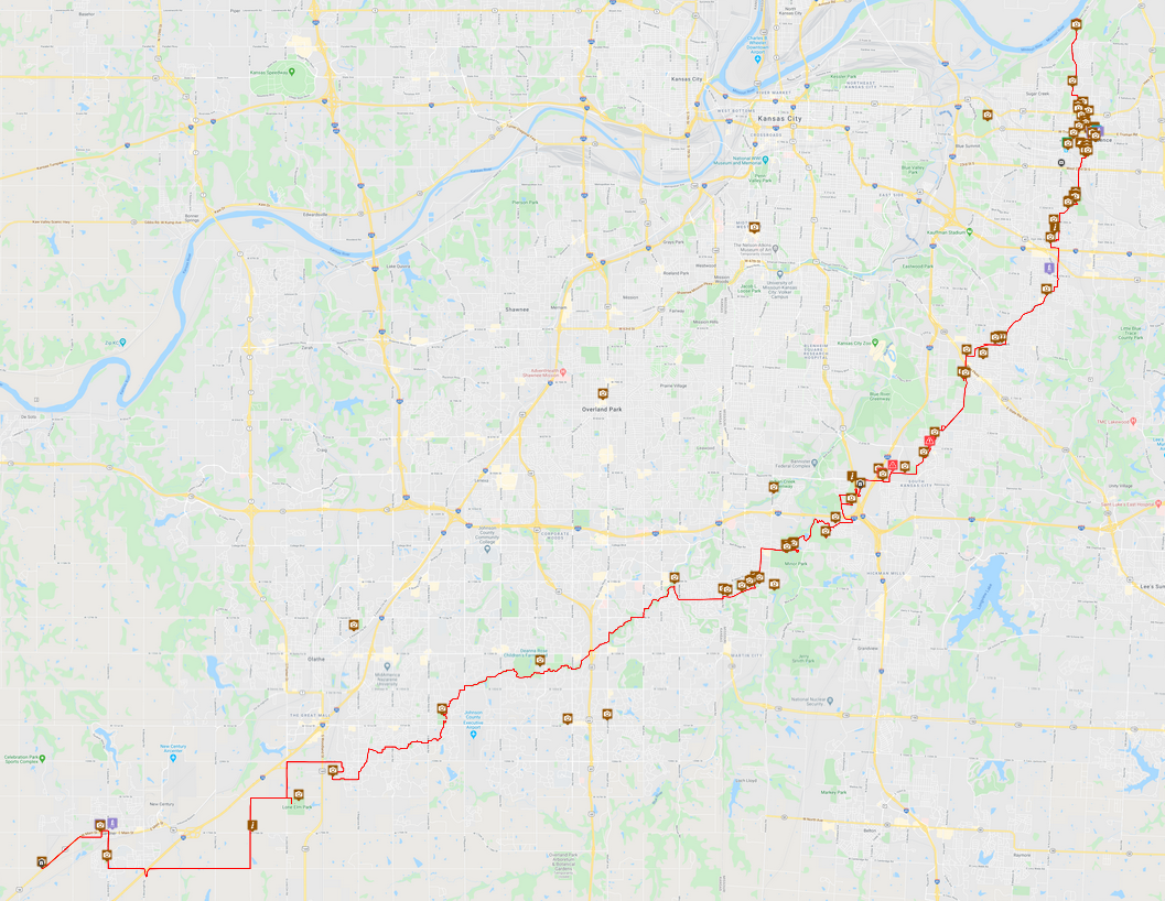 MoBikeFed's Birthplace of the Santa Fe Trail Bicycle Tour route through the Kansas City area